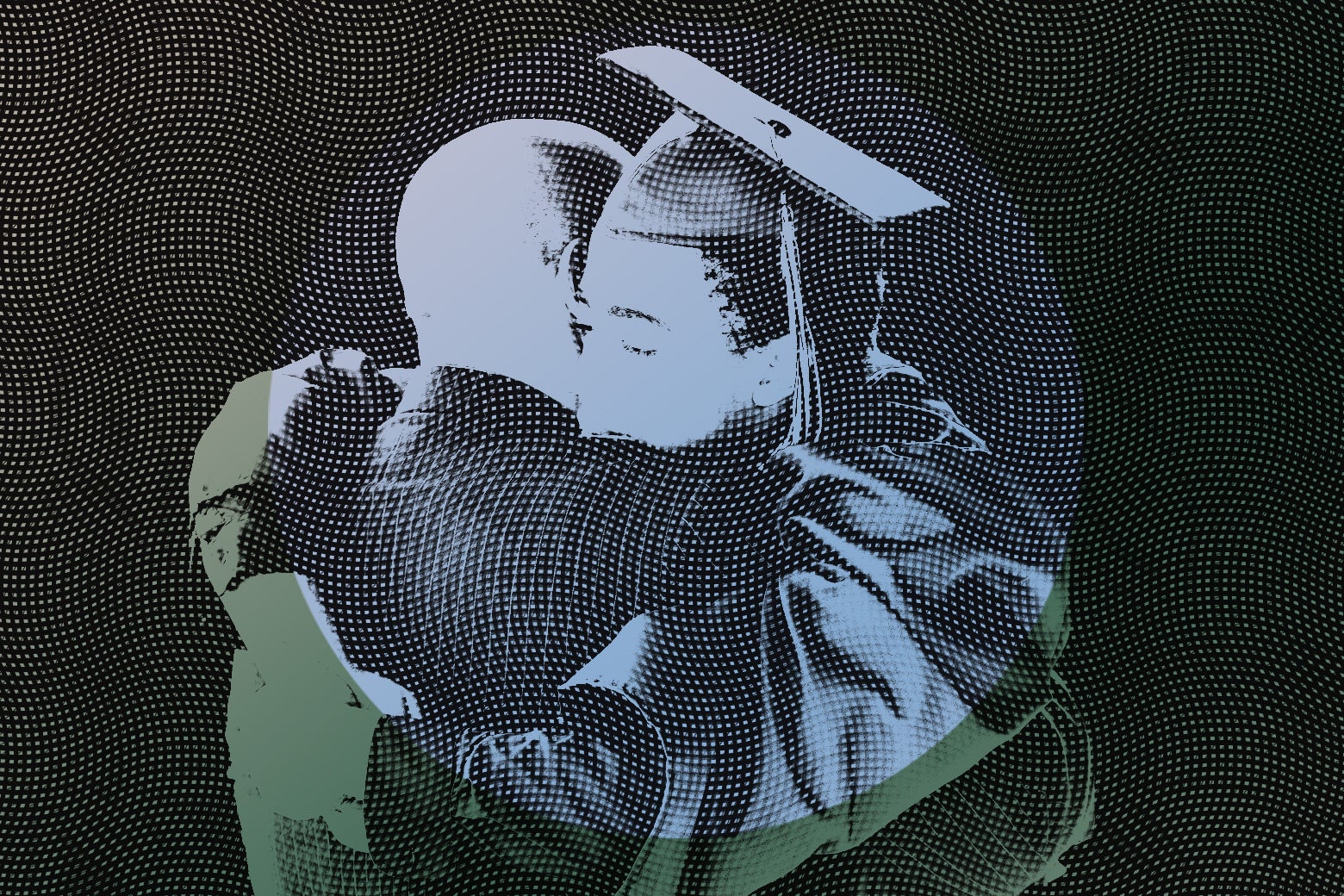 A man and a woman hugging - the woman has a graduation cap. 