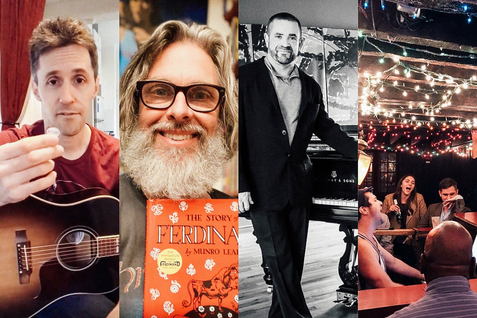 A collage of Dan Smith, Michael Chabon smiling big with a copy of Ferdinand the Bull, musician Anthony de Mare, and a drunken sing-along