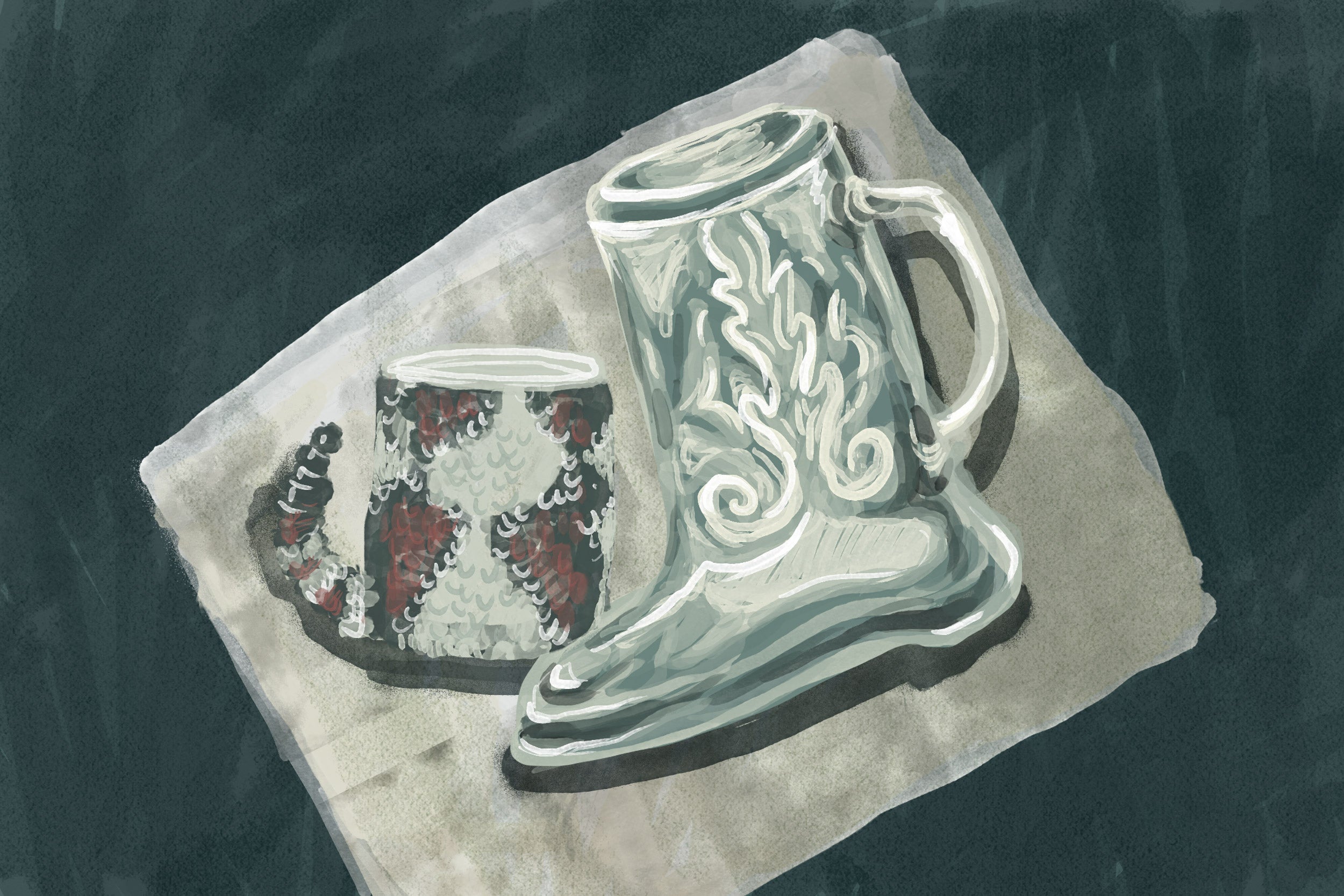 A drawing of a boot-shaped mug with a separate mug can be seen on a napkin.