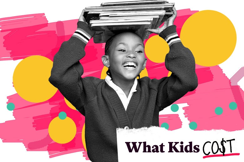 A young girl happy holding a stack of books over her head.
