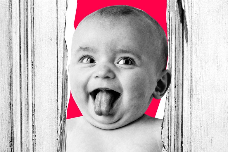 Baby busting its head through a door split open with an axe a la 'The Shining'.