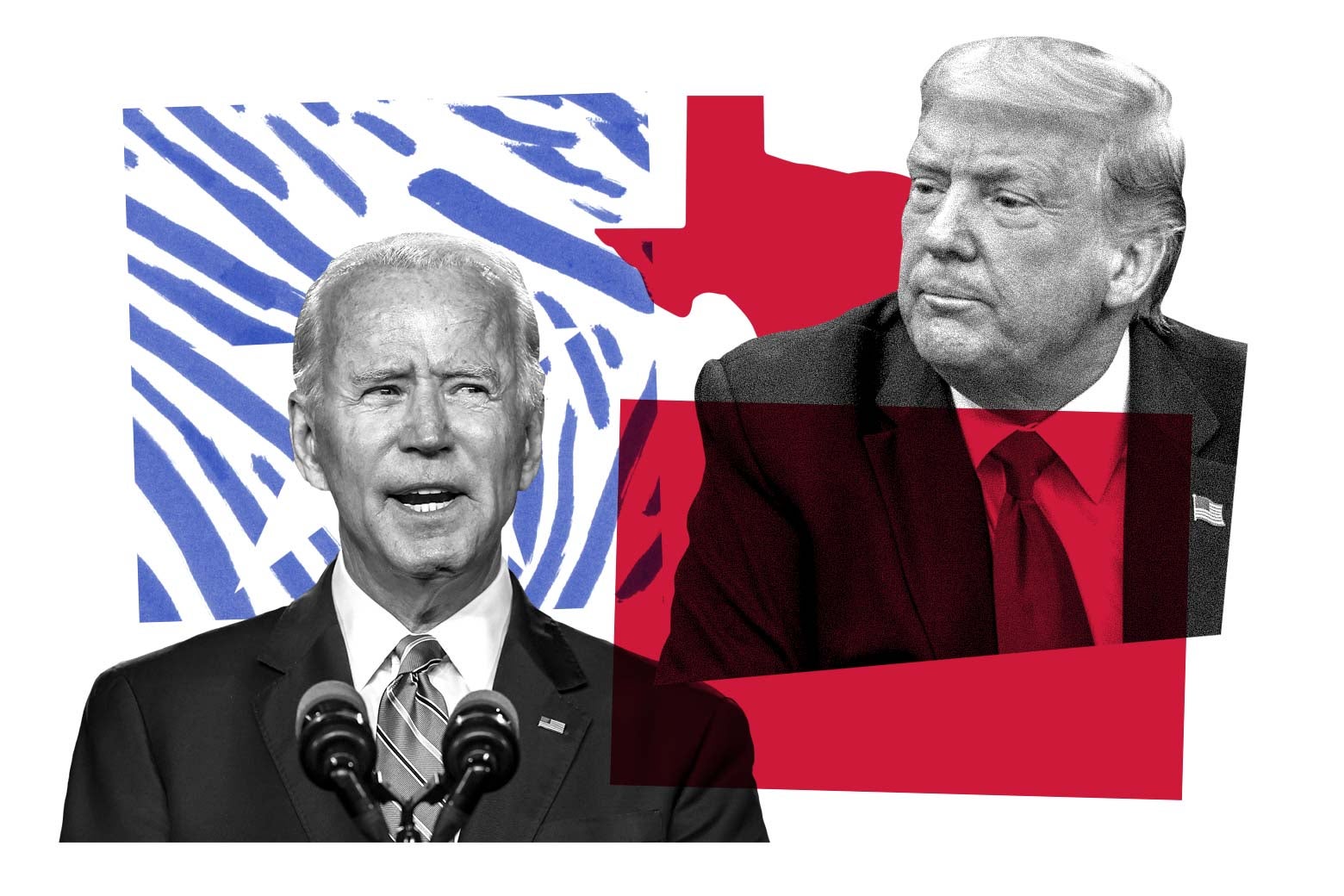 Joe Biden, Donald Trump, and the outline of Texas.