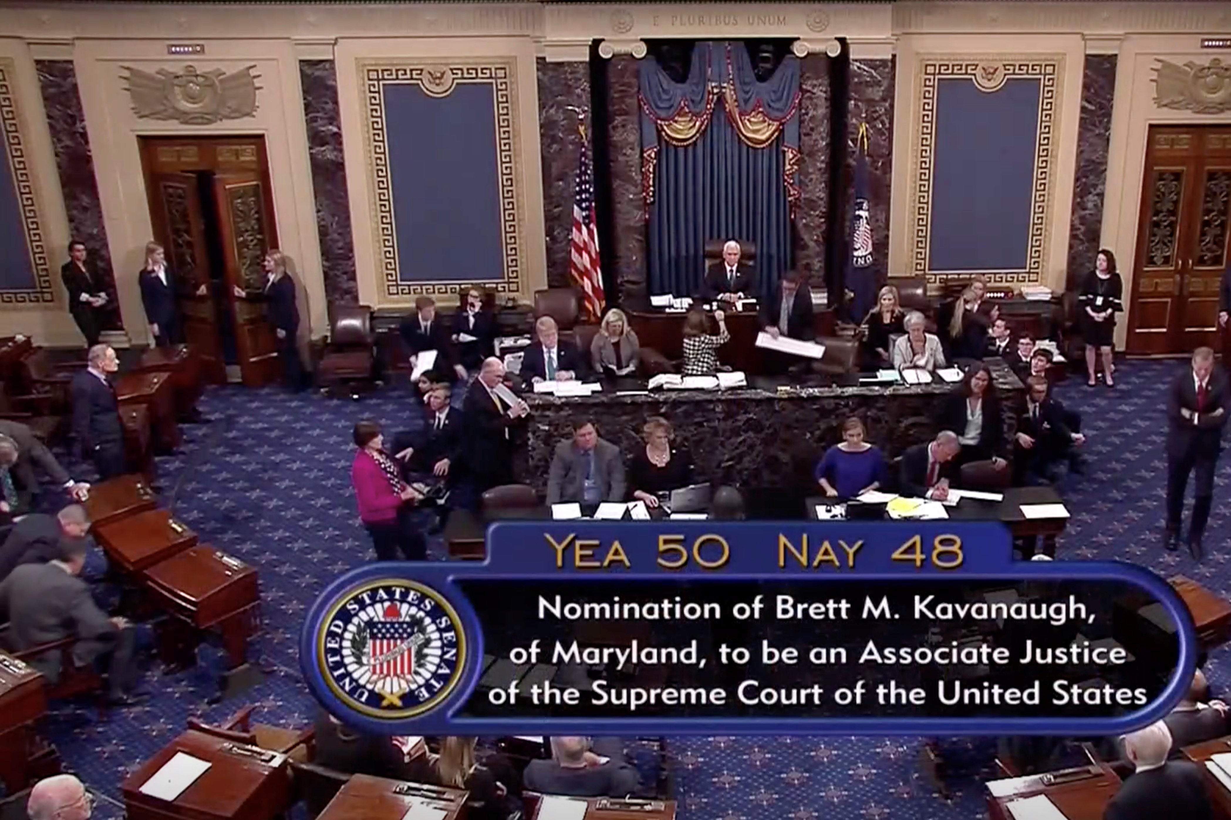 A still image taken from video of the final tally of votes by the U.S. Senate on the confirmation of Supreme Court nominee Judge Brett Kavanaugh, on October 6, 2018. 