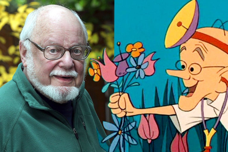 A photo of a bald man with a white beard on the left side, and a drawing of a man wearing a doctor's outfit on the right, extending flowers to the man on the left.