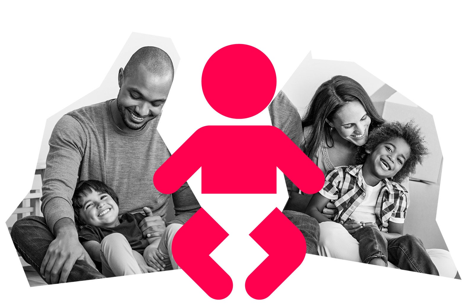 A mom and dad with two children, and a graphic of a baby in the middle.