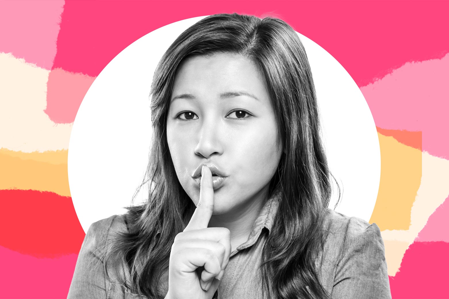 A woman makes the shhhh symbol with her finger, indicating a secret.