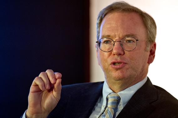 Google Executive Chairman Eric Schmidt gestures as he addresses a gathering at the National Association of Software and Services Companies (NASSCOM).