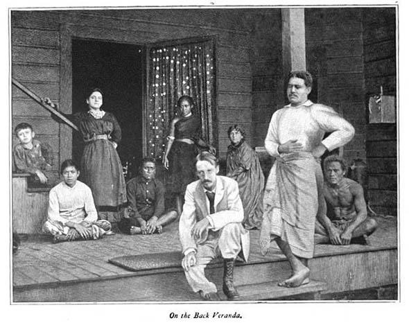 Stevenson on the back veranda in Vailima, south of Apia, the cap