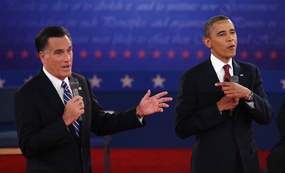 Mitt Romney and Barack Obama answer questions during a town hall-style debate at Hofstra University