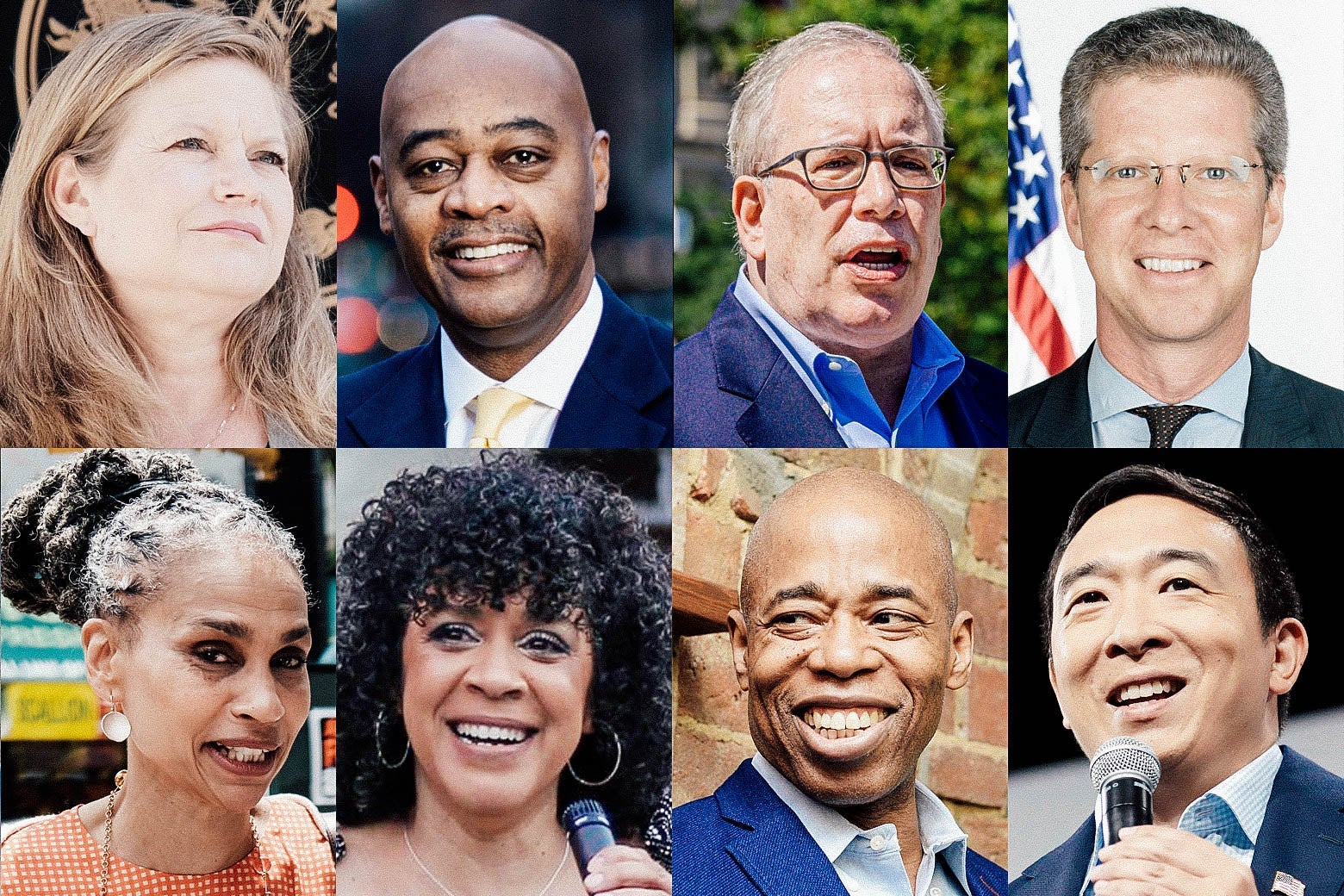 New York City Democratic mayoral candidates, clockwise from top left: Kathryn Garcia, Ray McGuire, Scott Stringer, Shaun Donovan, Andrew Yang, Eric Adams, Dianne Morales, and Maya Wiley.