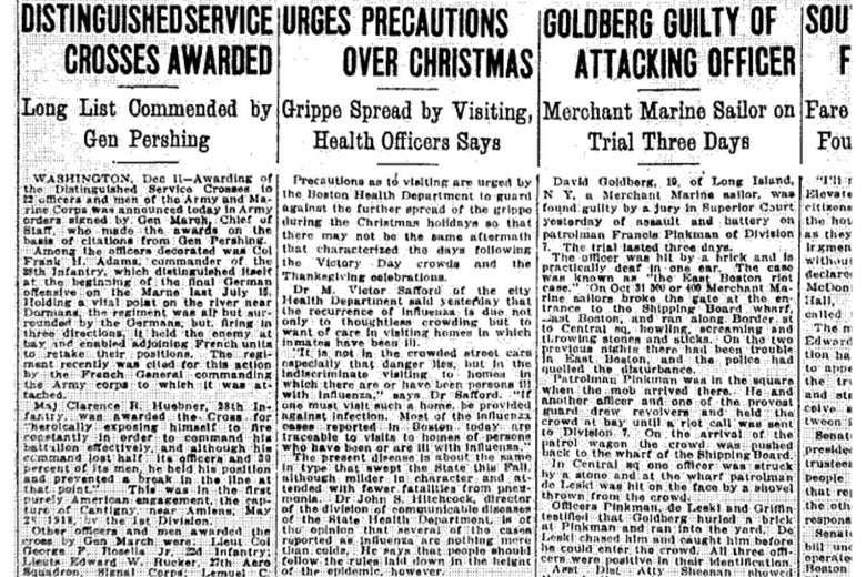 Three articles with headlines like, "URGES PRECAUTIONS OVER CHRISTMAS," from an old newspaper clipping.