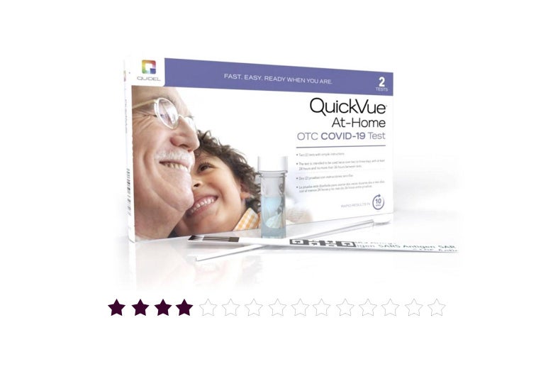 A QuickVue at-home covid test box and swabs.