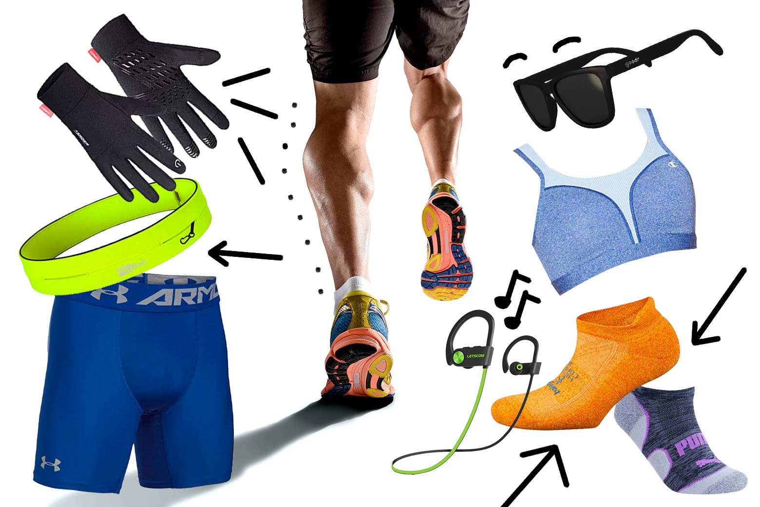 Legs run away, surrounded by various products recommended in this article.