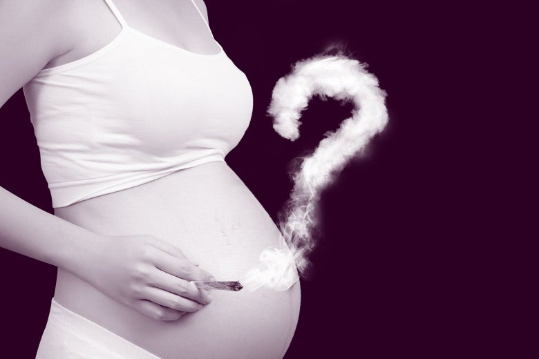 A pregnant woman holds a joint emitting smoke in the form of a question mark.