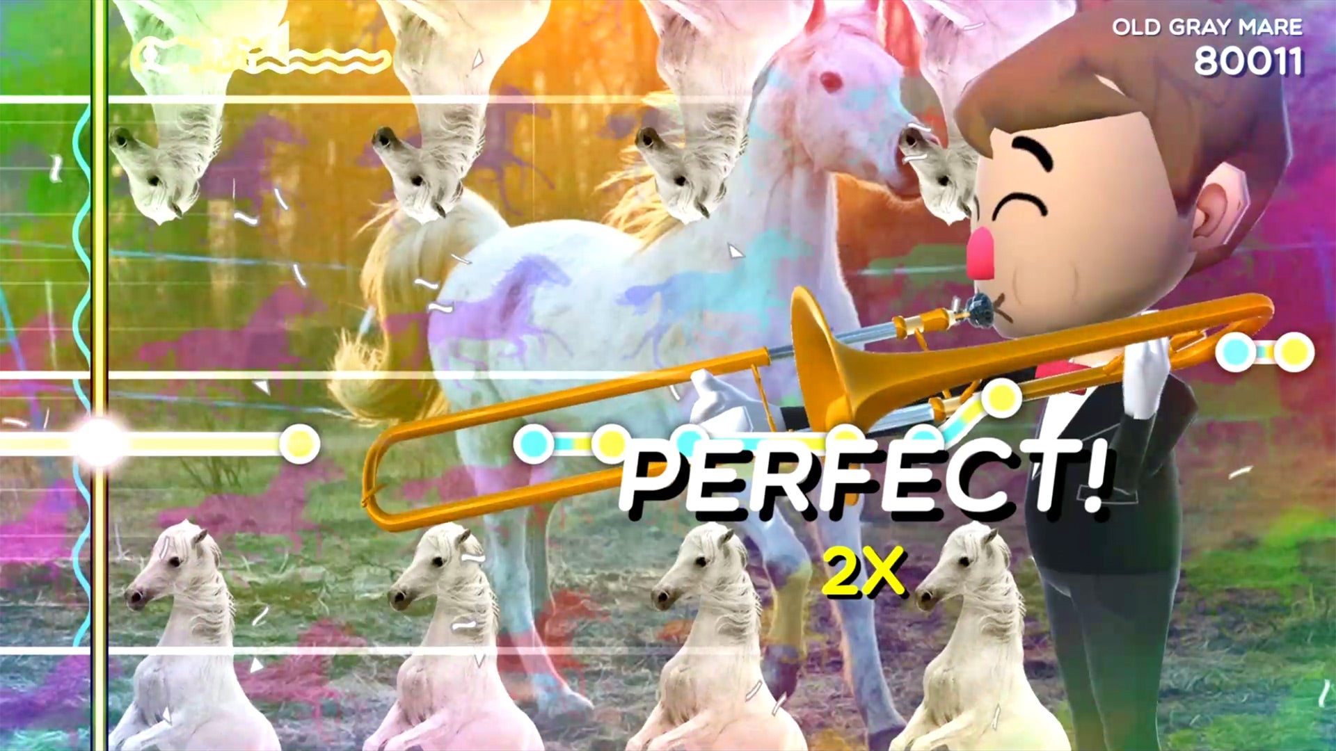 A cartoon man plays a trombone against a background of white horses. Overlaying text reads: "Perfect! 2X." In the top right corner: "Old Gray Mare 80011."