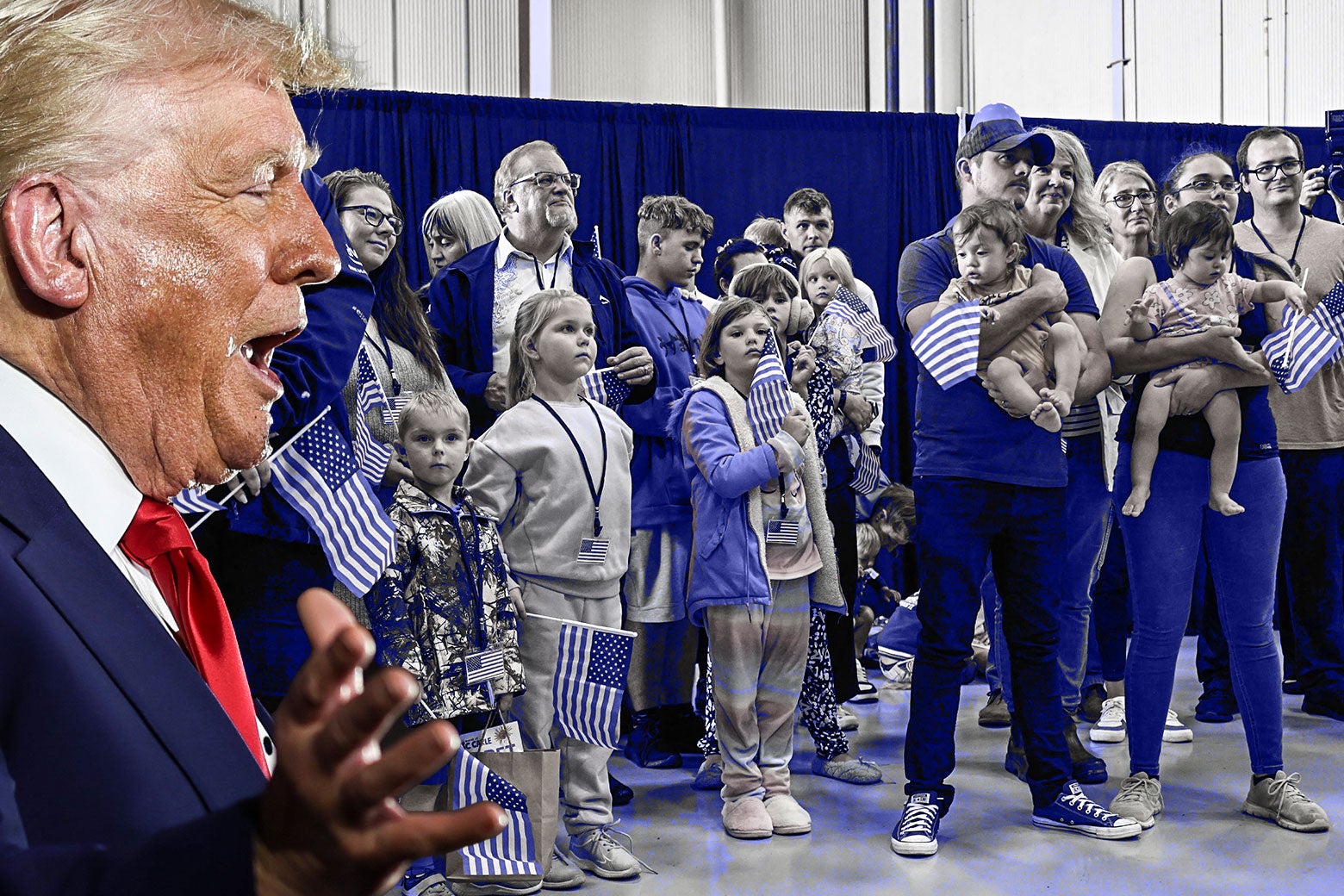 Donald Trump speaking very forcefully is layered over an image of people taking their citizenship oath holding little flags.