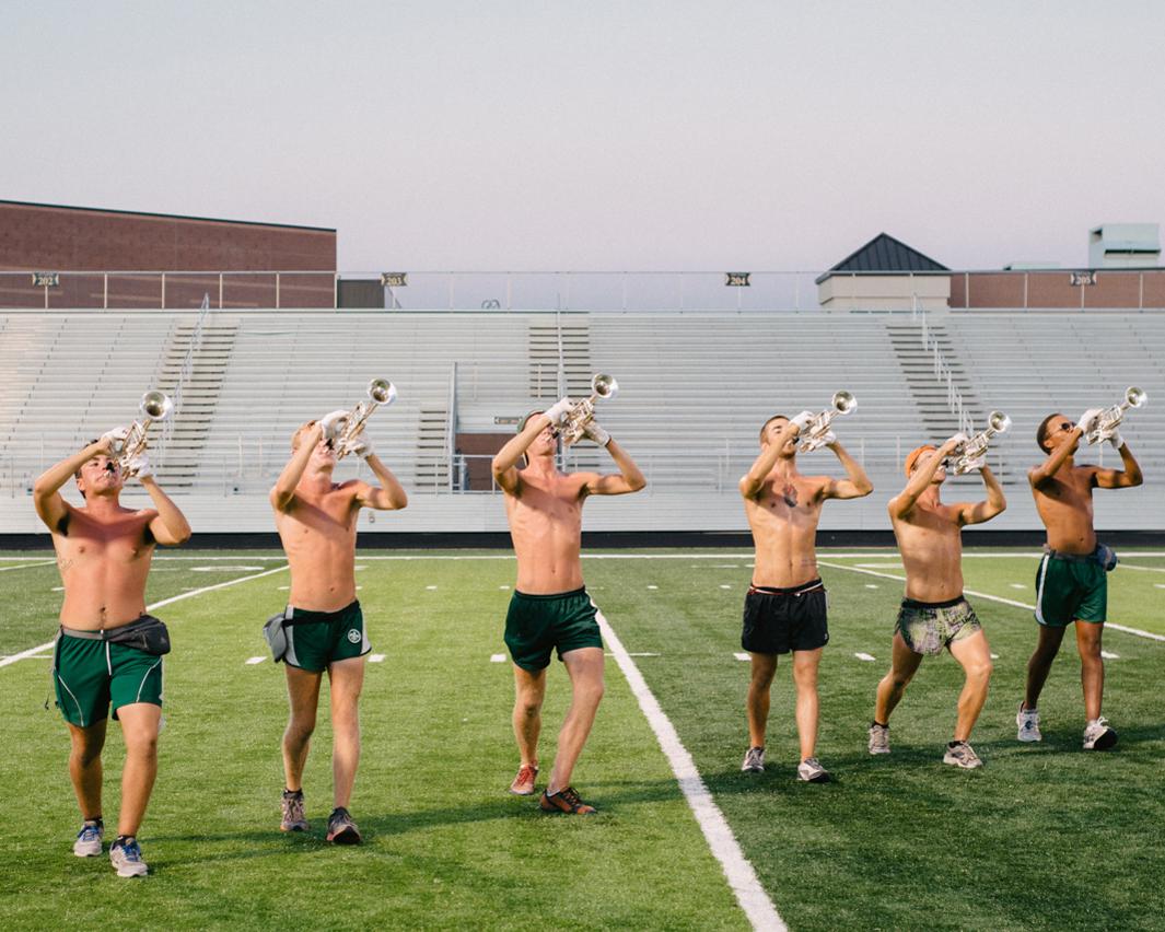 Scouts Trumpet Line. Trumpet players in rehearsal, Madison Scouts Drum & Bugle Corps, Forney High School, Forney, Texas