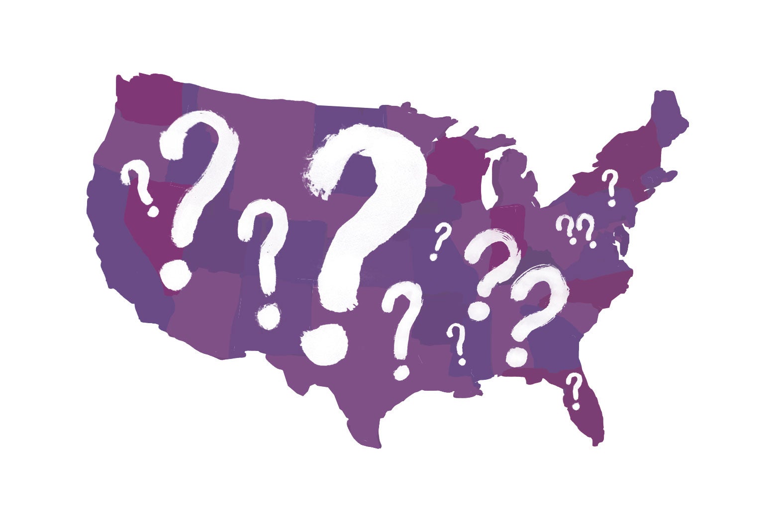 U.S. map colored in purple and covered in question marks.