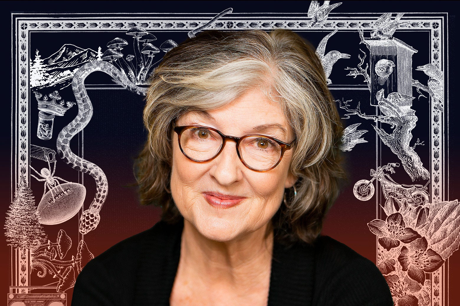 A headshot of Barbara Kingsolver overlayed on a frame of a miscellaneous items.