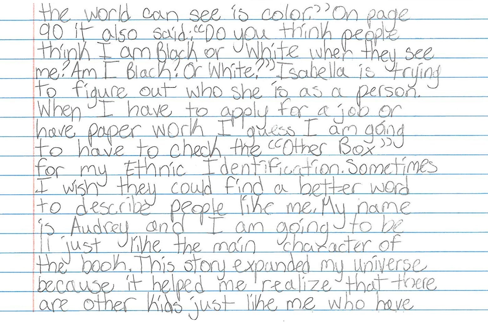 the world can see is color.” On page 90 it also said: “Do you think people think I am Black or White when they see me? Am I Black? Or White?” Isabella is trying to figure out who she is as a person. When I have to apply for a job or have paper work I guess I am going to have to check the “Other Box” for my Ethnic Identification. Sometimes I wish they could find a better word to describe people like me. My name is Audrey and I am going to be just like the main character of the book. This story expanded my universe because it helped me realize that there are other kids just like me who have