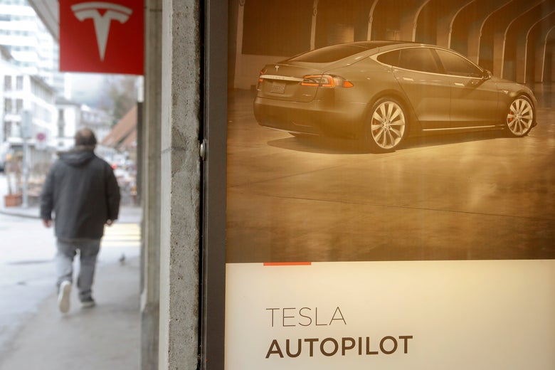 An advertisement for Tesla's autopilot.