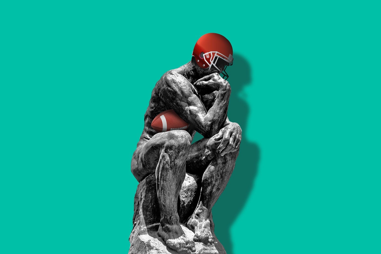 The Thinker wears a football helmet and cradles a football.