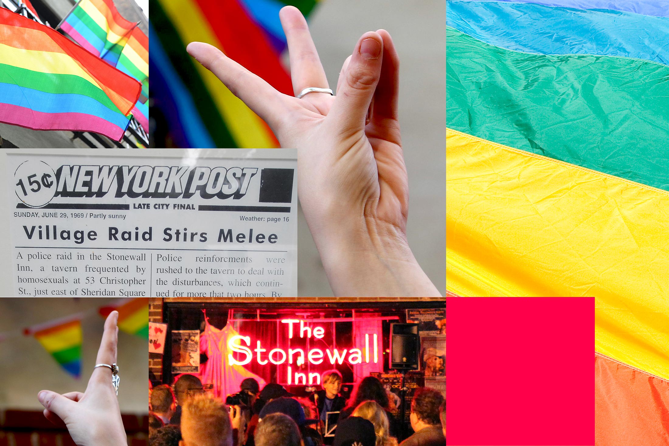 Grid of images through the years at Stonewall Inn, including rainbow flags and a photo of a tear sheet reporting on the 1969 riots.