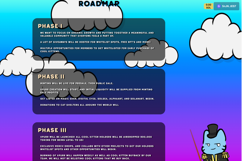 A post announcing Phase I, Phase II, and Phase III of the Cool Kittens NFT project.