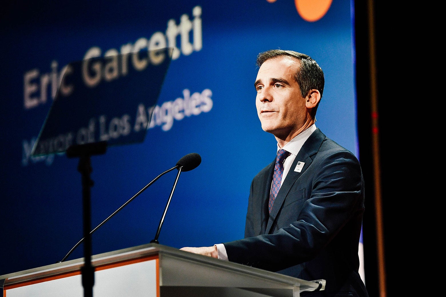 Los Angeles Mayor Eric Garcetti speaks onstage during the Alliance for Children's Rights 26th Annual Dinner on March 28 in Beverly Hills, California.