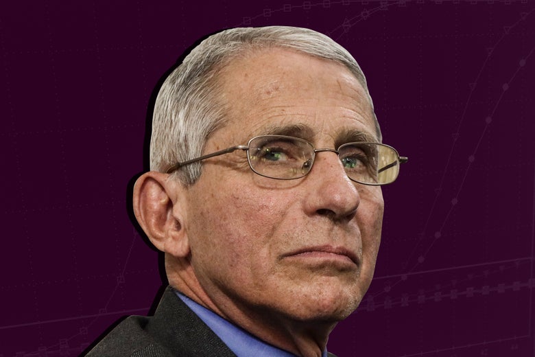 Anthony Fauci in front of a faint charts showing possible curves of COVID-19 infections.