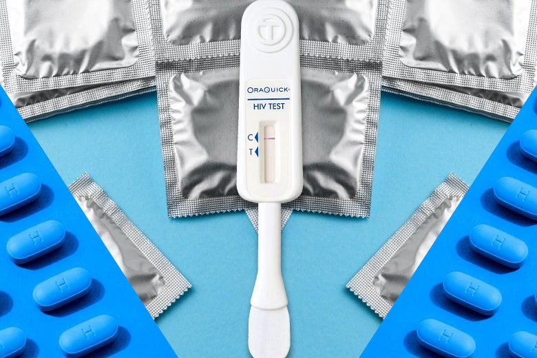 Collage of an at-home HIV test surrounded by condoms and PrEP pill packs