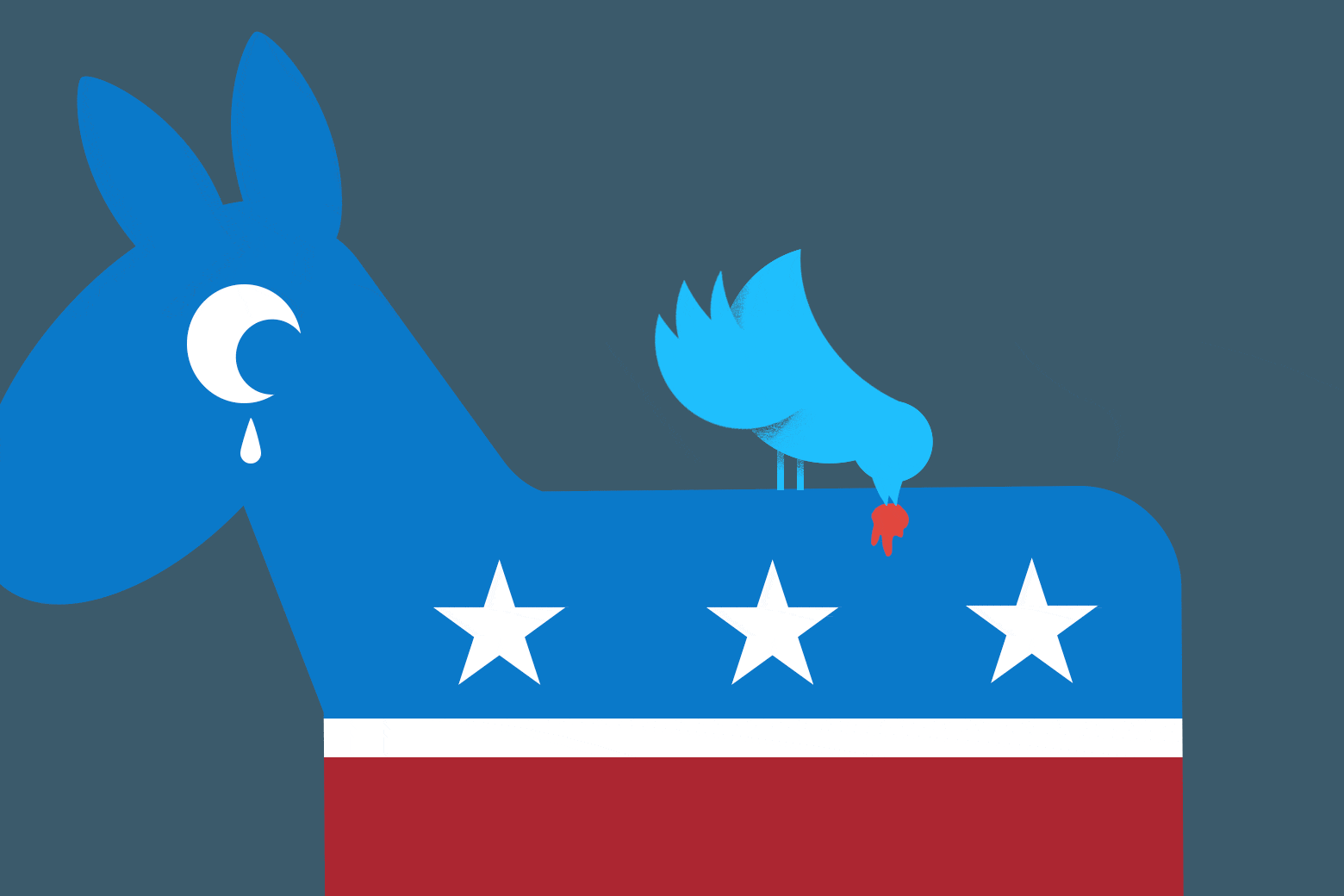 The Twitter bird pecking at the back of a Democratic donkey with U.S. flag colors