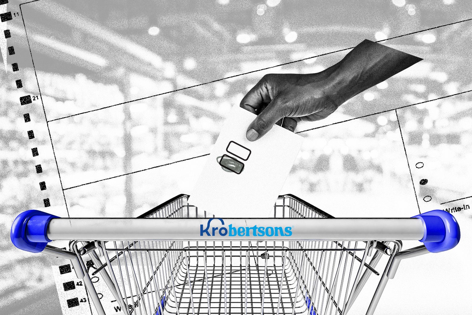 A hand places a voting ballot with one bubble filled into a shopping cart whose handle features a combined logo reading 