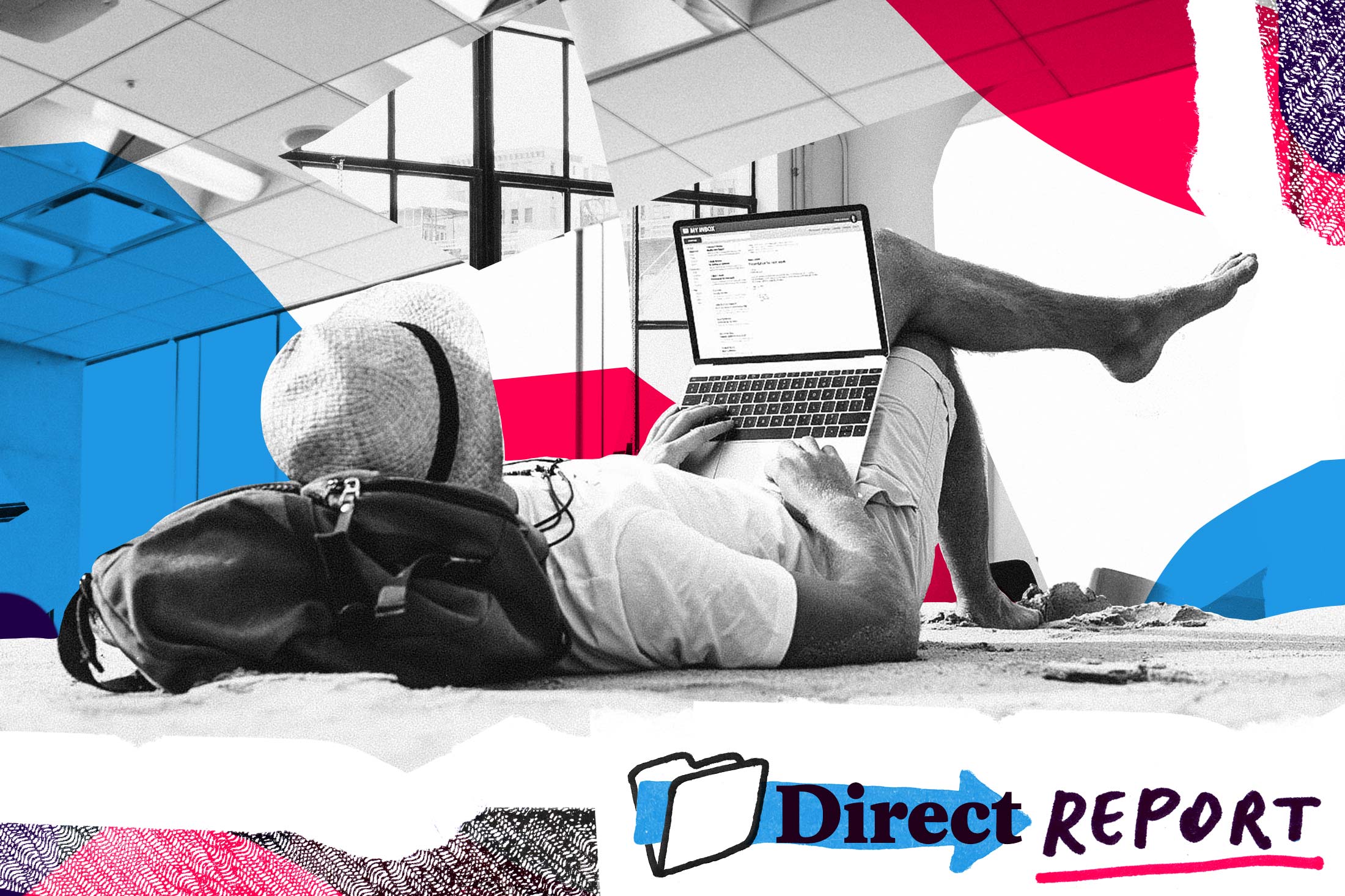 Photo collage of a person typing on a laptop while lying on their back on a beach that's set in an office environment.