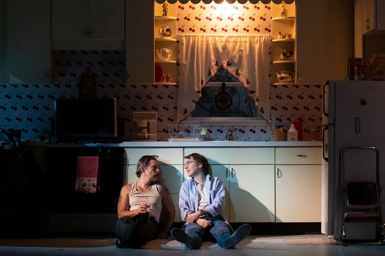 Hawke and Dano as Lee and Austin in True West. They sit on the floor of a kitchen onstage.