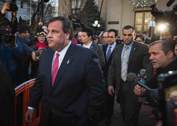 New Jersey Governor Chris Christie departs City Hall in Fort Lee, New Jersey January 9, 2014.