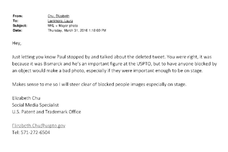 Screenshot of a USPTO email exchange, provided in response to one of the author's FOIA requests with the U.S. Patent and Trade Office.