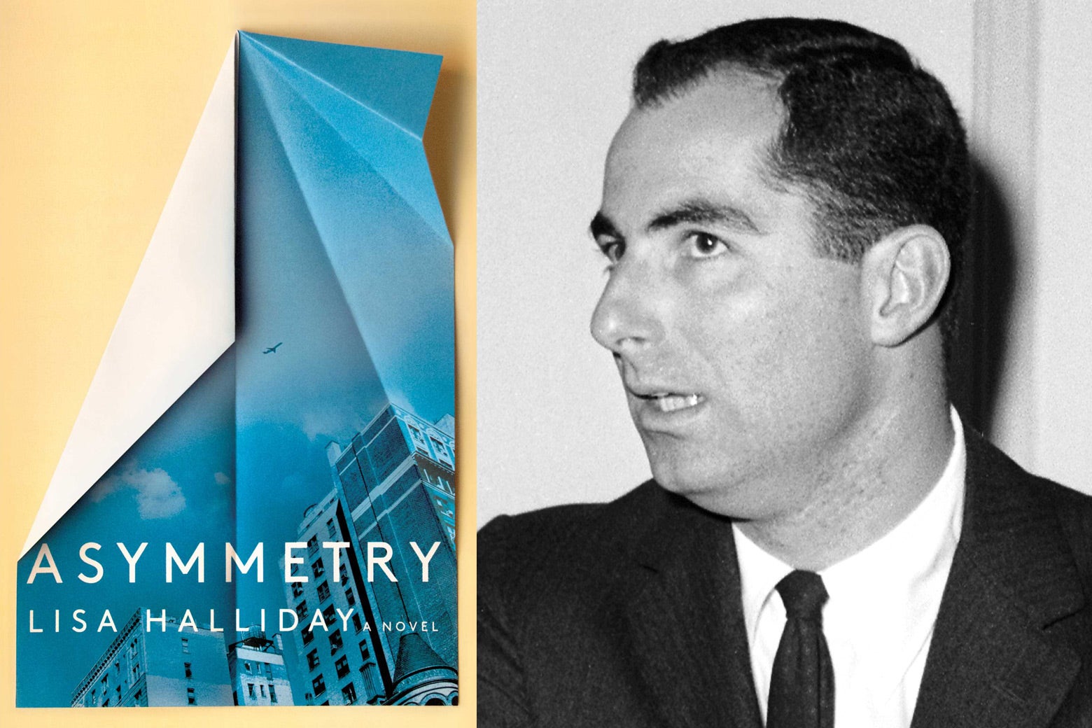 The cover of Lisa Halliday’s Asymmetry and a photo of Philip Roth.