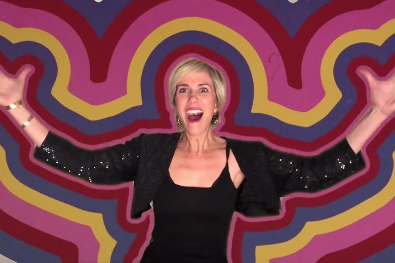 Kristen Wiig smiling broadly, holding her arms outstretched, in a still from SNL in which her image has been outlined in bright colors.