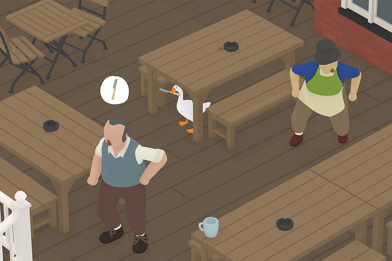 The goose hides under a table in a still from Untitled Goose Game.