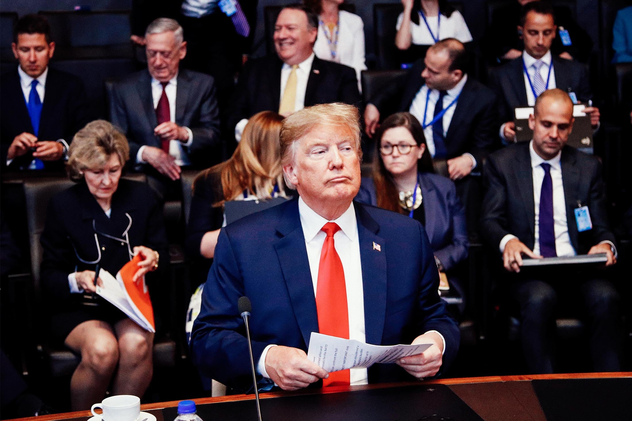 U.S. President Donald Trump attends a meeting of the North Atlantic Council during a NATO summit in Brussels.