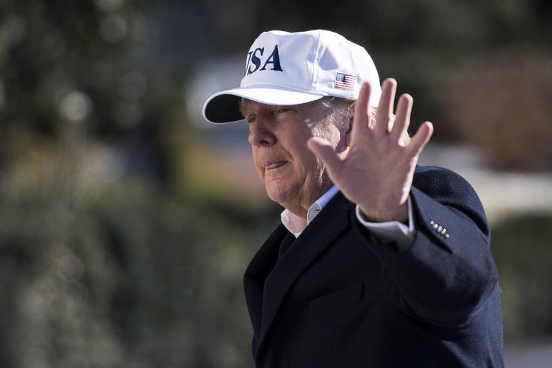 President Donald Trump returns to the White House following a weekend trip with Republican leadership and members of his cabinet at Camp David, on January 7, 2018 in Washington, D.C.
