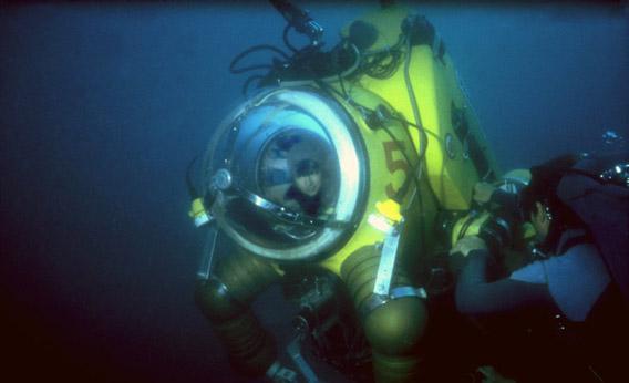 Dr. Edie Widder, president and senior scientist at Ocean Research & Conservation Association (ORCA) inside the deep-diving suit WASP