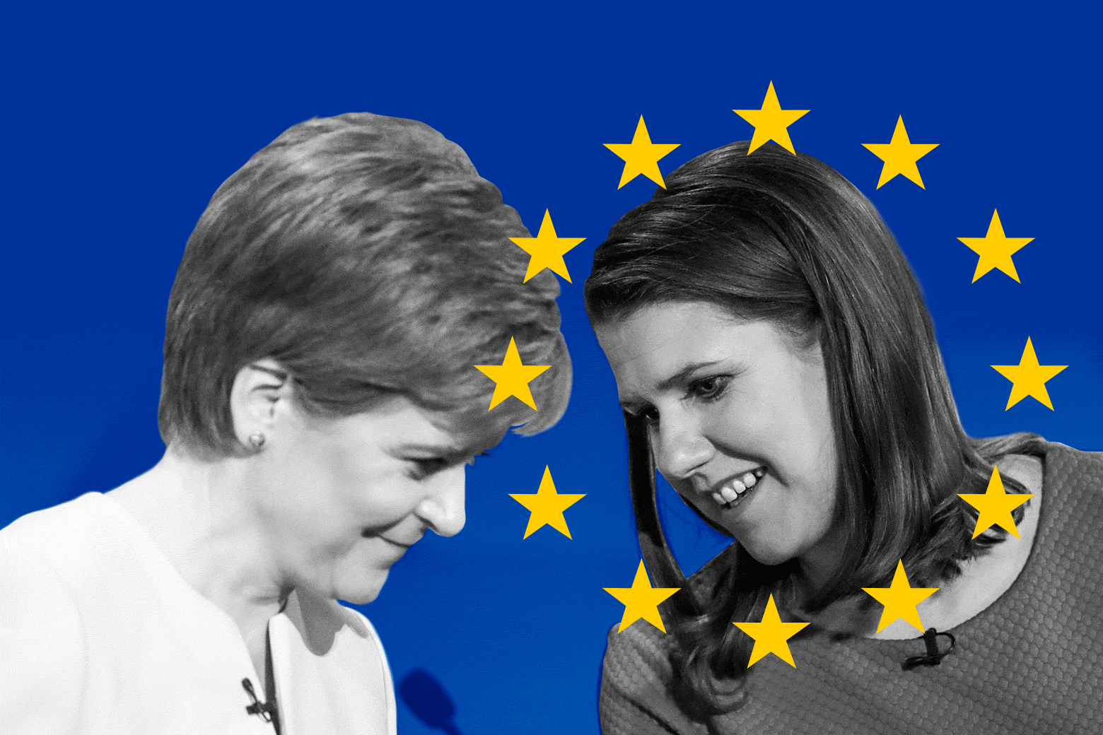Jo Swinson smiles as she leans over to speak to Nicola Sturgeon during a televised debate. 