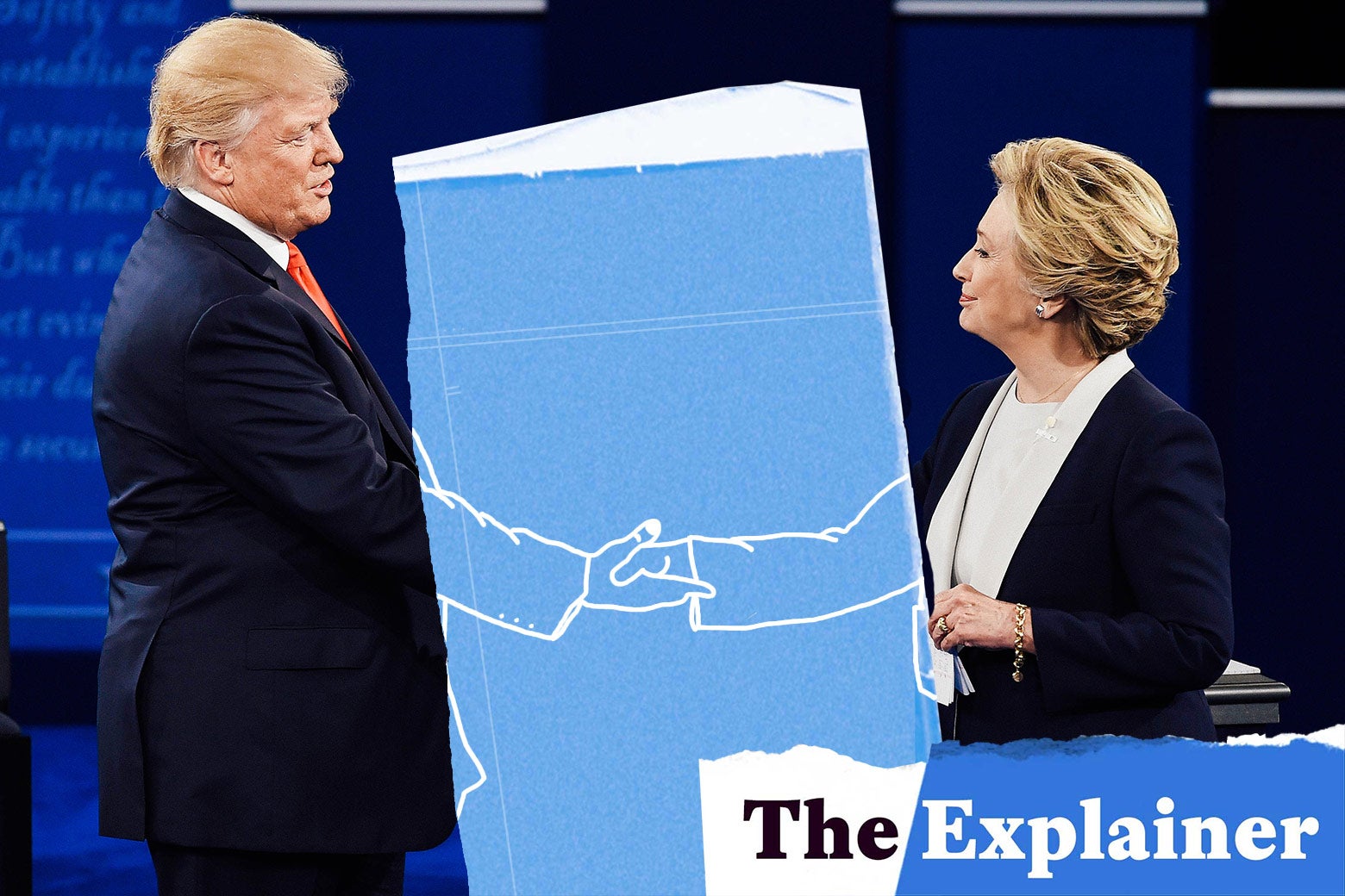 Donald Trump and Hillary Clinton shake hands at a debate.