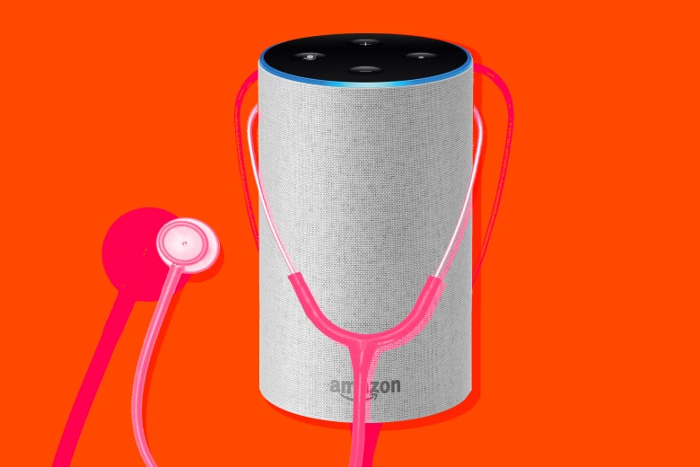 An Amazon Echo with a stethoscope. 