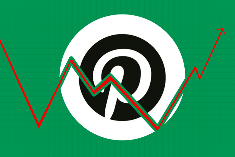 Trend line going up and down overlaid on the Pinterest logo