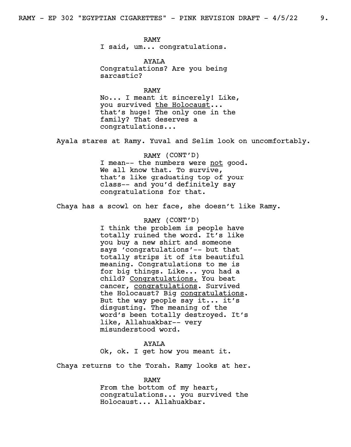 a page from the script for Ramy's "Congratulations" scene
