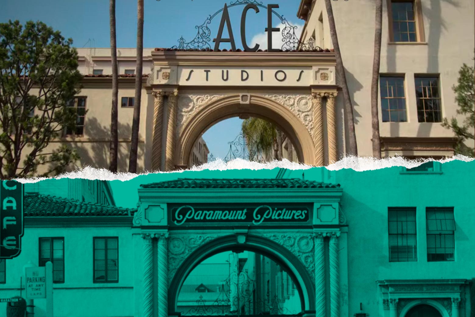 The gates with signs that say Ace Studios and Paramount Pictures.
