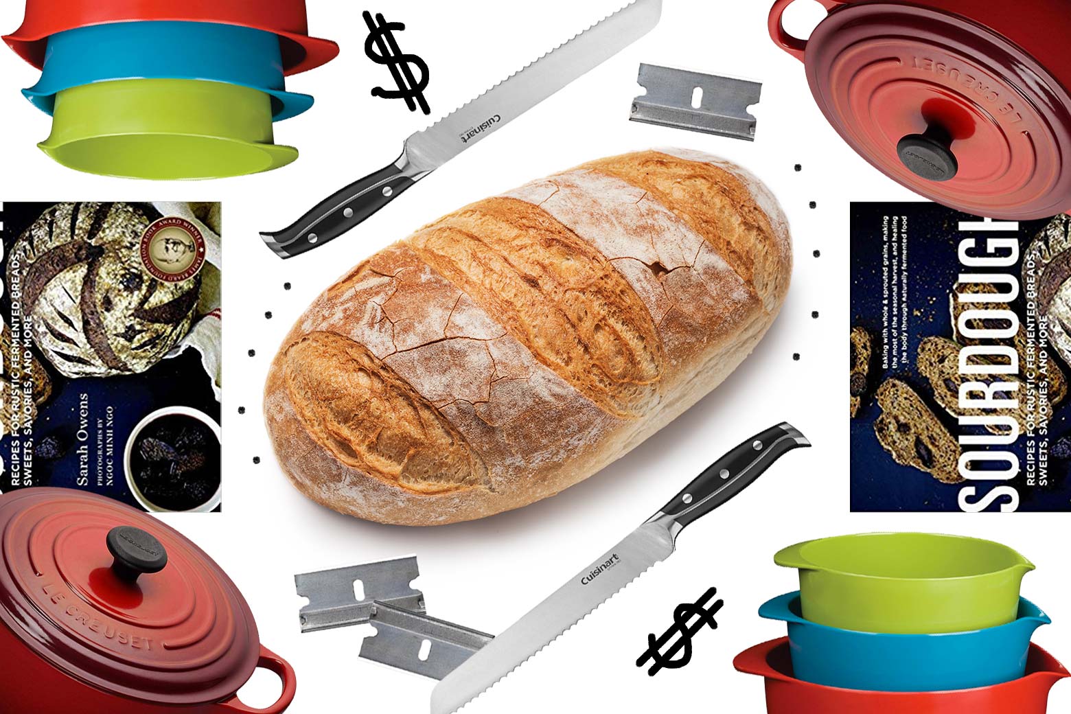 Collage of bread-baking tools, with a finished loaf of bread in the center.